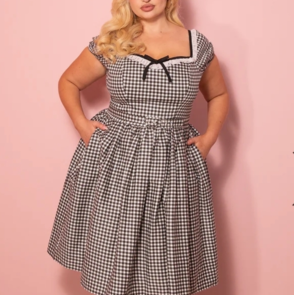 Vixen By Micheline Pitt Bardot Beauty Swing Dress In Black Gingham 4X With Belt